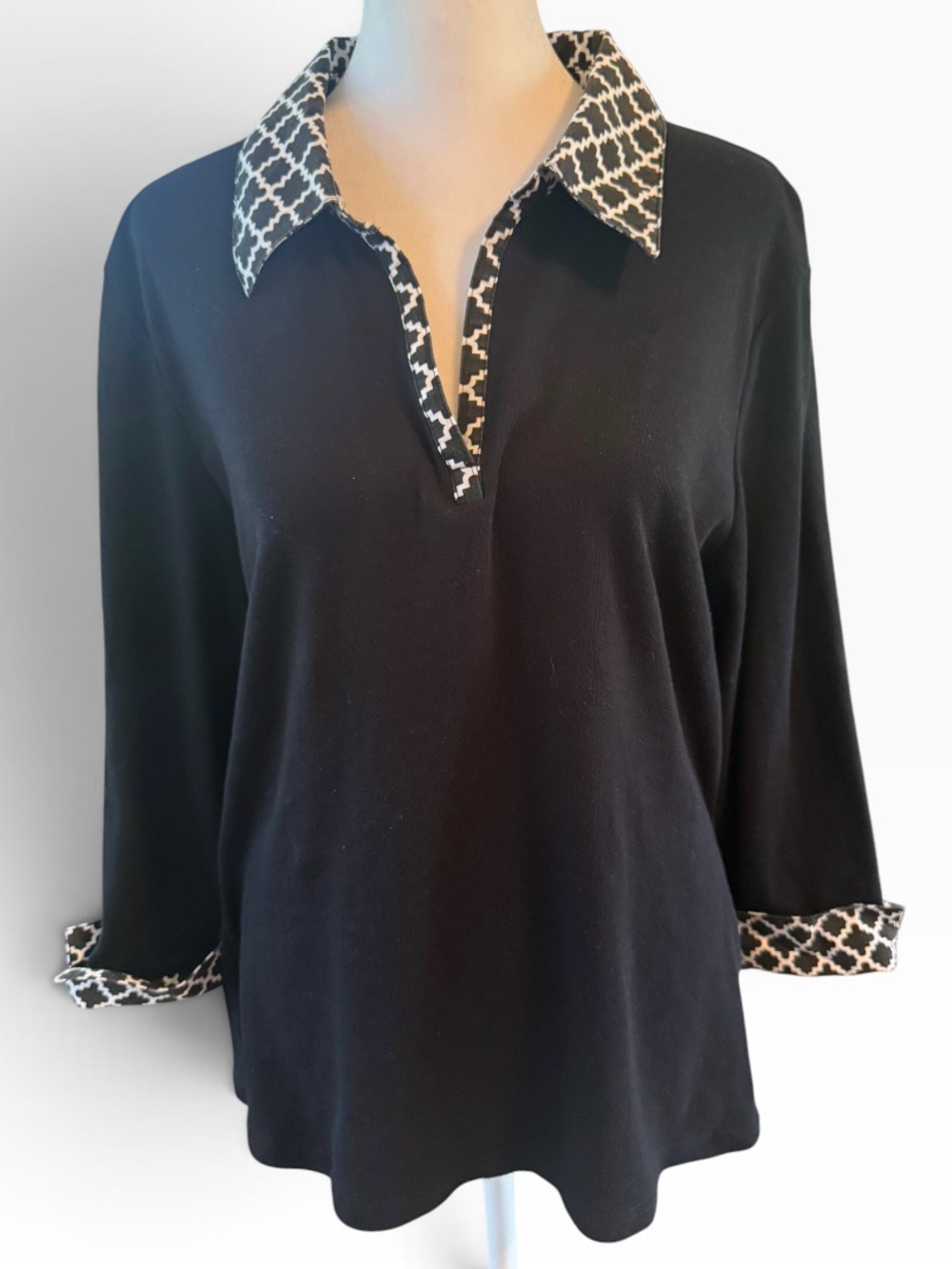 Karen Scott Black Polo Tunic with Black-and-White Patterned Collar EUC Size XL